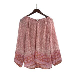 Garnet Hill Womens Small 100% Silk Blouse Geometric Pink Feminine Classic Boho